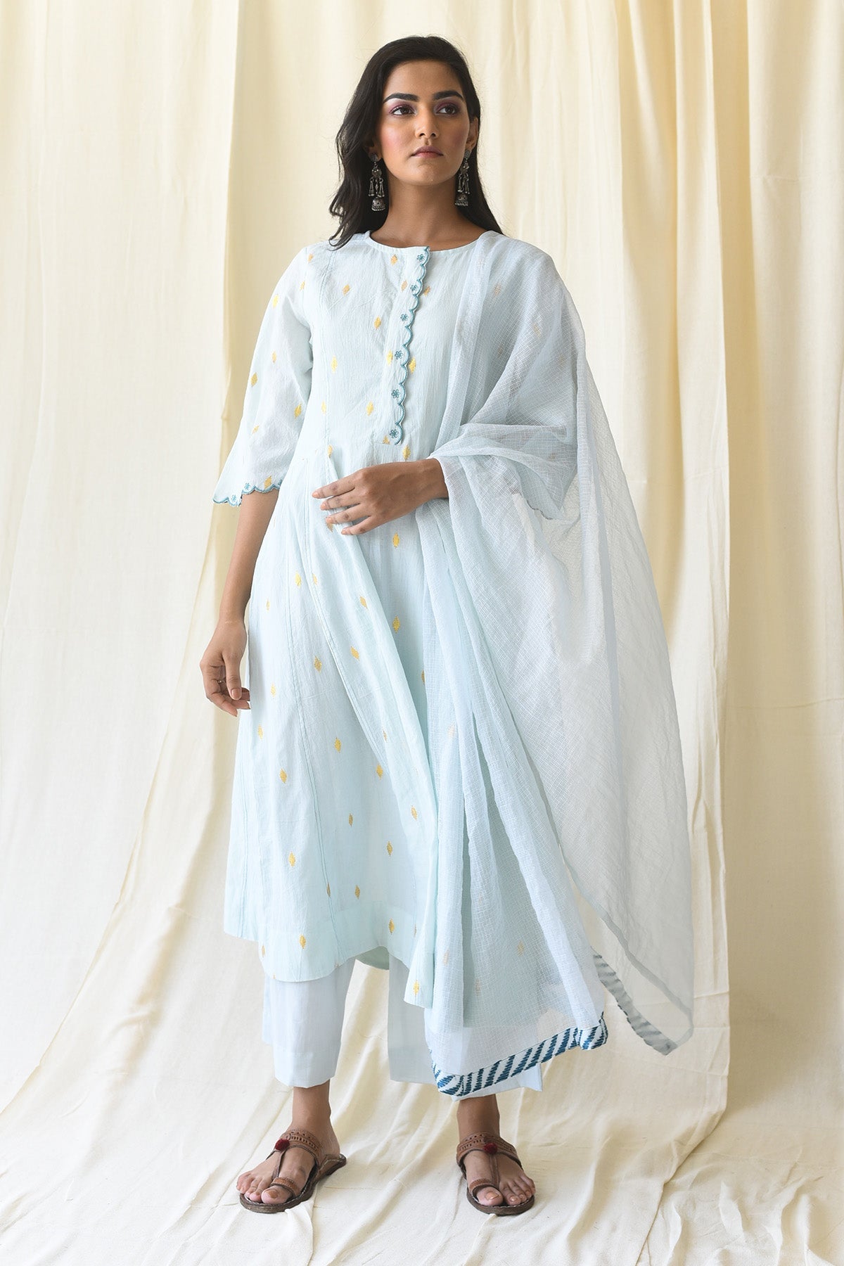 Buy Mint Blue Zari Cutwork Kurta Set by Taro India for Women online at ScrollnShops