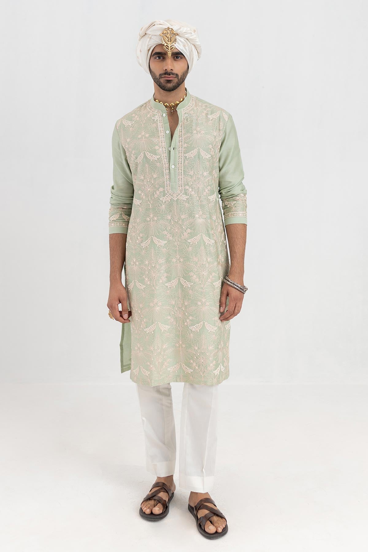 Buy Mint Chanderi Aari Kurta & Pant for men by Ajiesh Oberoi online available at scrollnshops