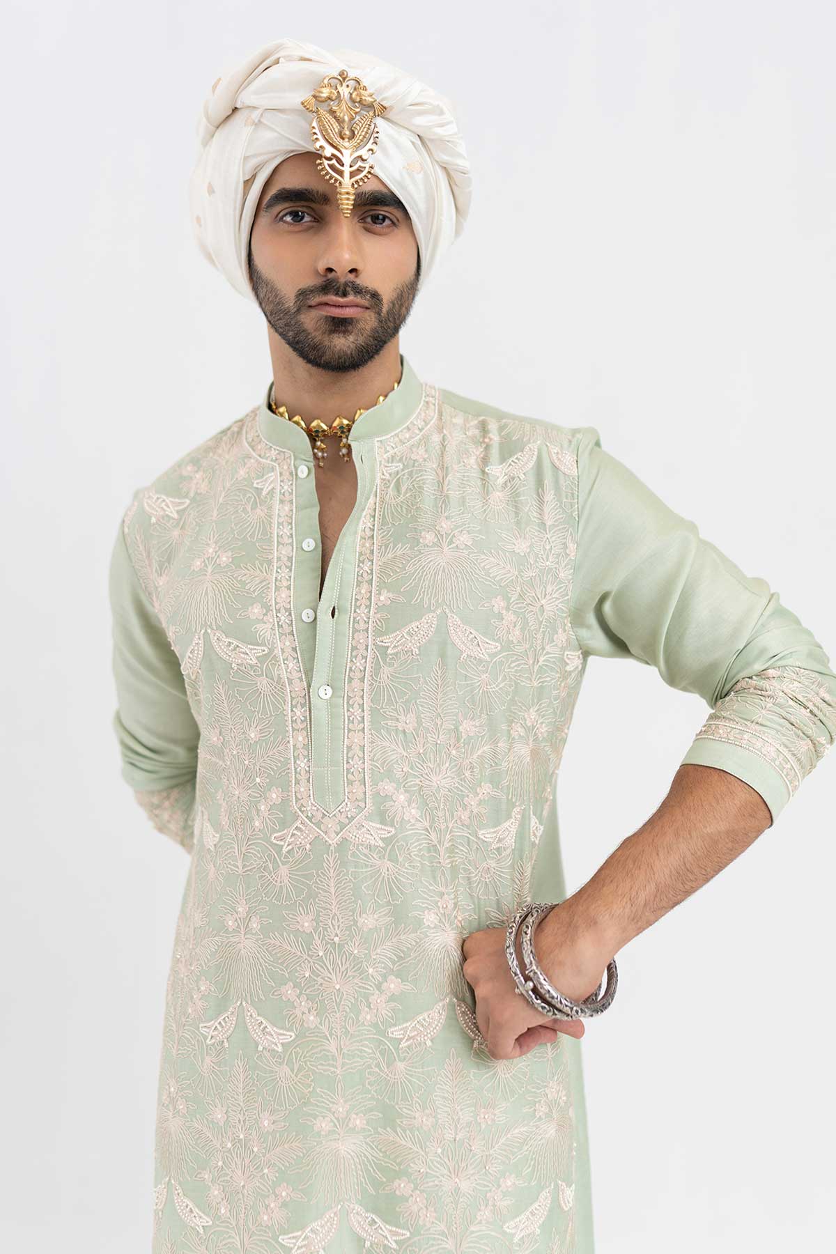 Mint Chanderi Aari Kurta & Pant