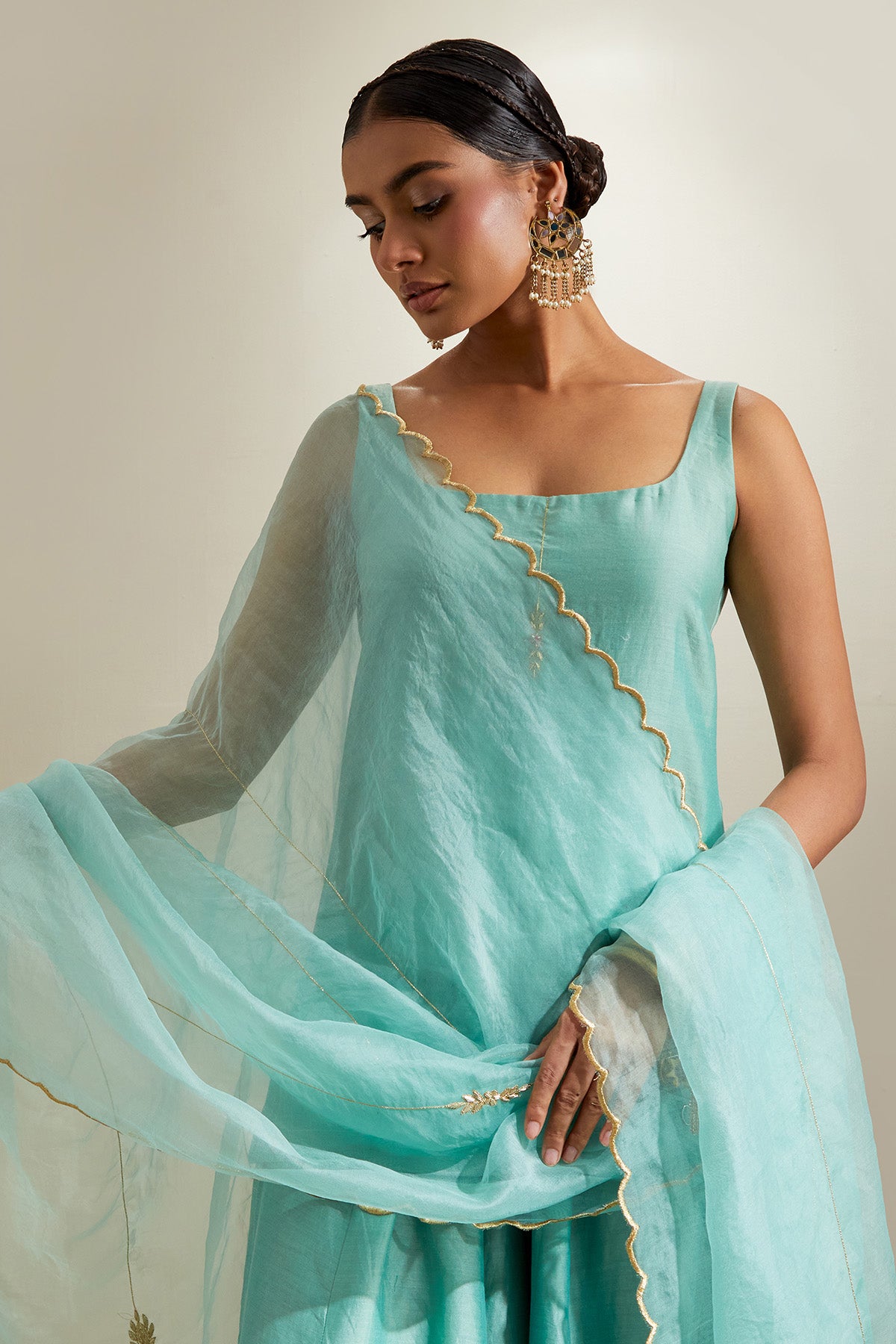 Mint Chanderi & Katan Kurta Set