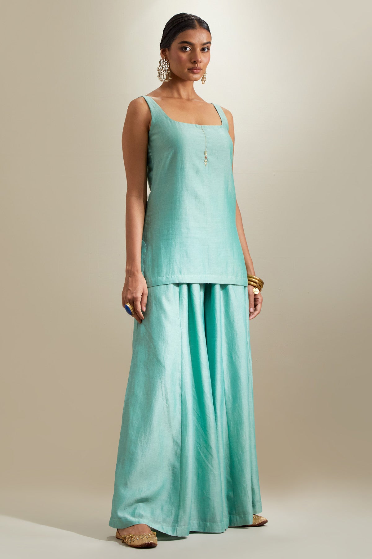 Mint Chanderi & Katan Kurta Set