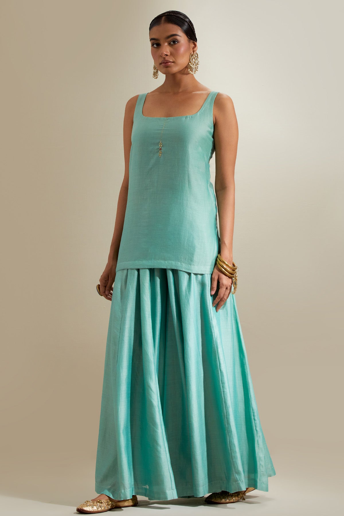 Mint Chanderi & Katan Kurta Set