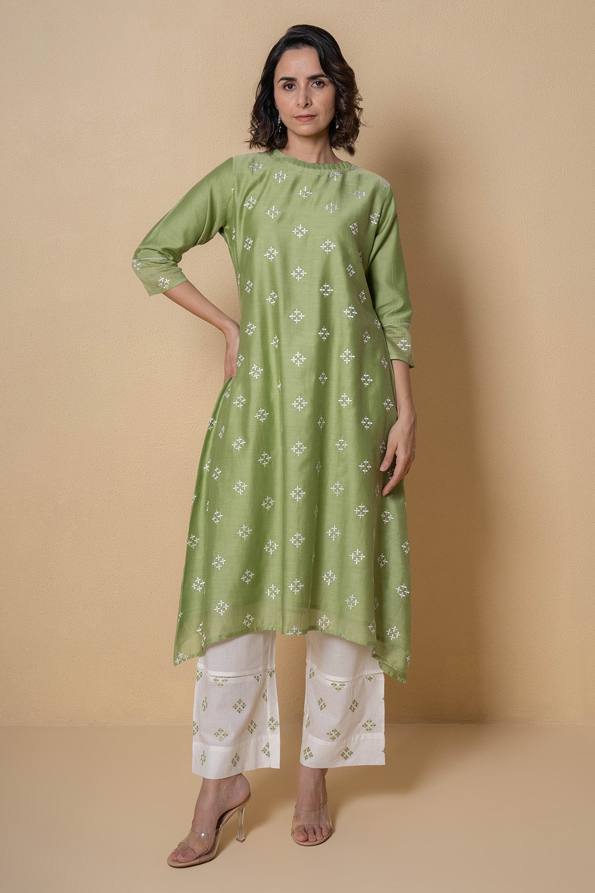 Buy Mint Chanderi Kurta And Pants for Women Online at ScrollnShops