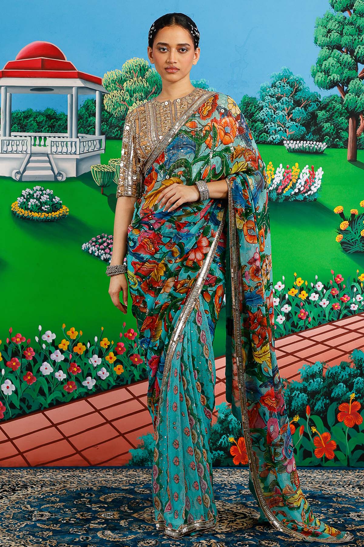 Buy Mint Chiffon Floral Saree Set for women by Saksham Neharicka online available at scrollnshops