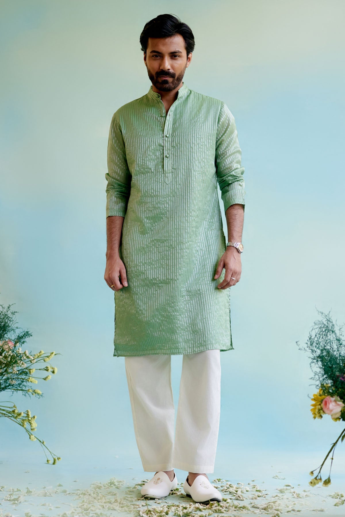 Nero Mint Crushed Tissue Stripe Kurta for Men Online Available at ScrollnShops