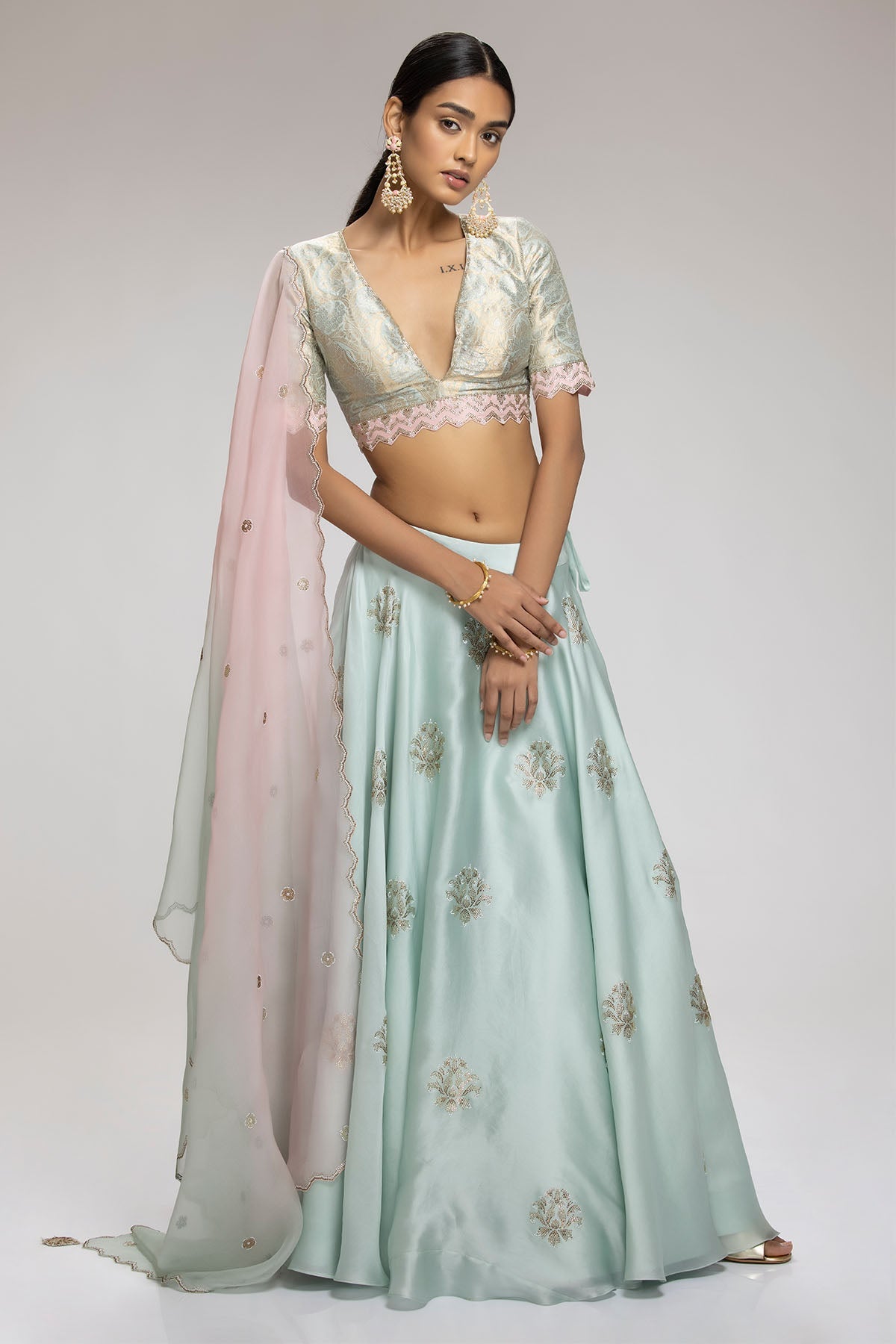 Chhaya Mehrotra Mint Deep V-Neck Lehenga Set for women online at ScrollnShops