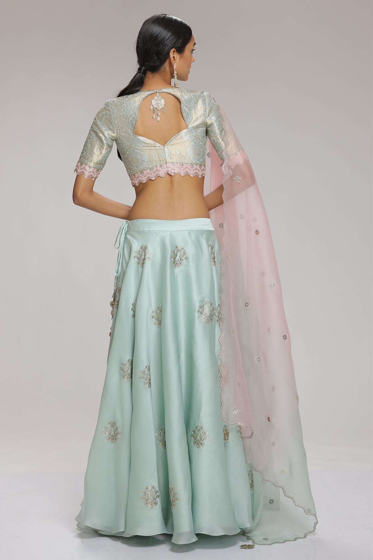 Mint Deep V-Neck Lehenga Set