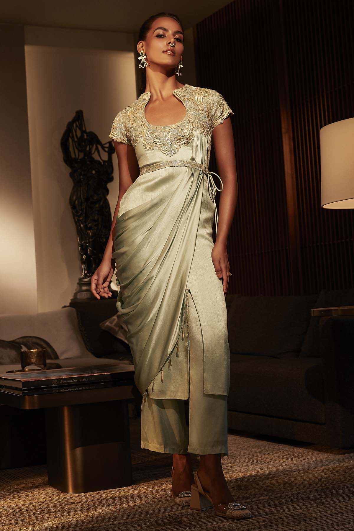 Babita Malkani Mint Draped Long Kurta & Pants for women online at ScrollnShops