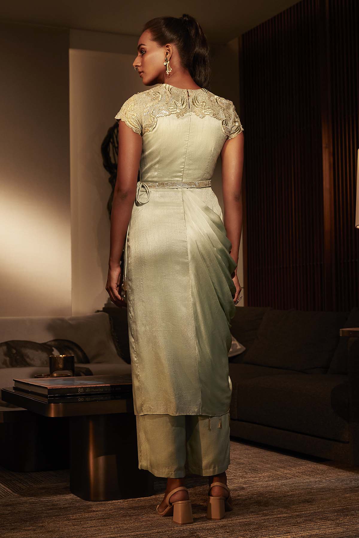 Mint Draped Long Kurta & Pants