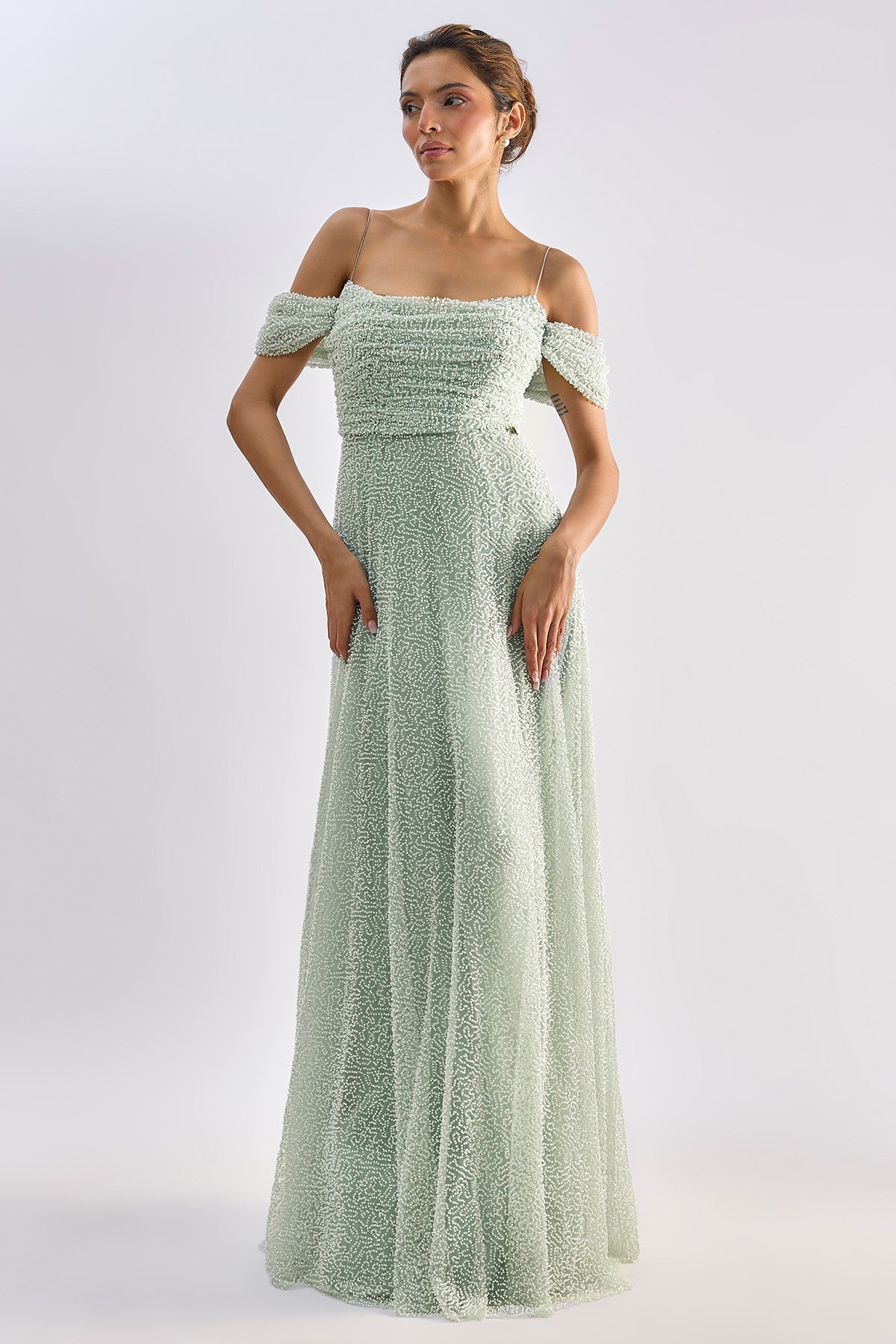 Buy Mint Embellished Ruched Gown for women by Emblaze online available at scrollnshops