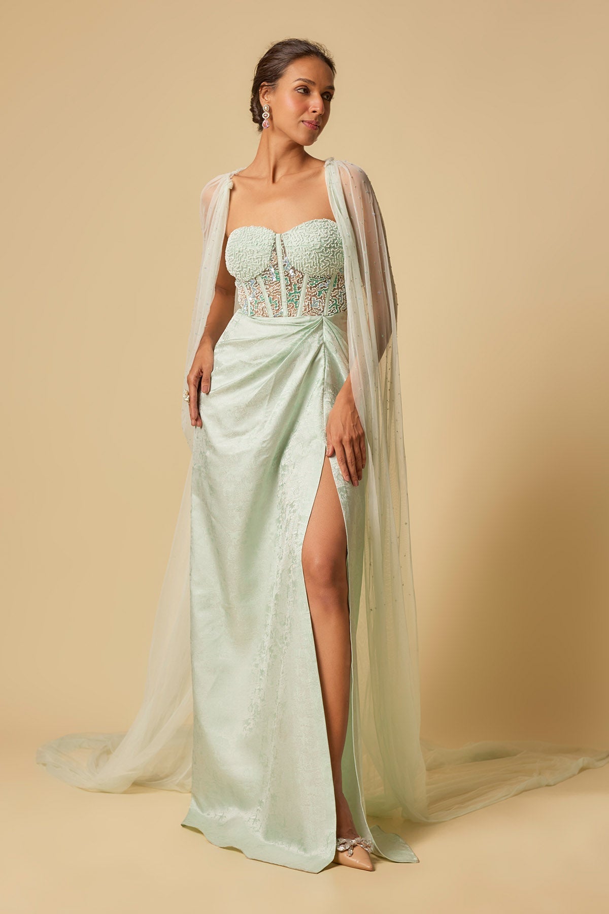 Buy Mint Embroidered Gown & Cape by Masumi Mewawalla for women online at ScrollnShops