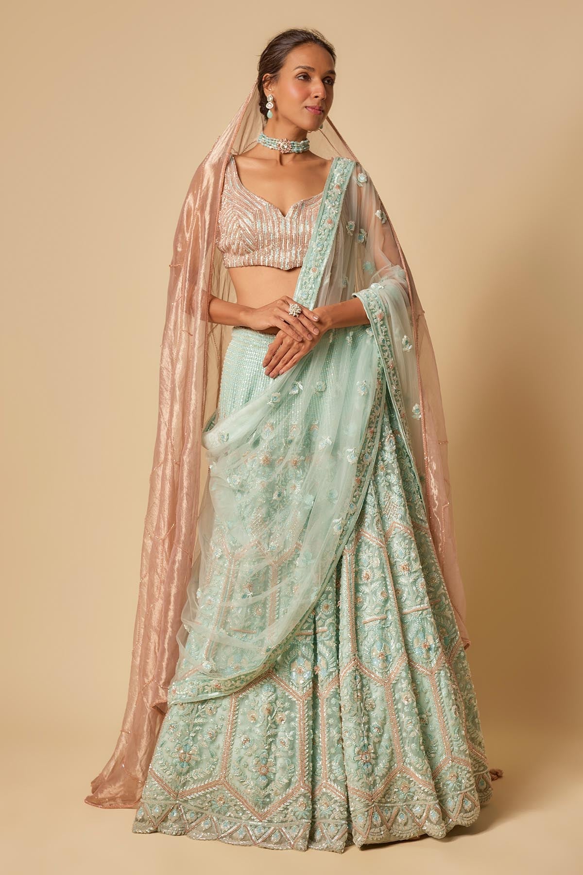 Buy Mint Embroidered Lehenga Set by Masumi Mewawalla for women online at ScrollnShops