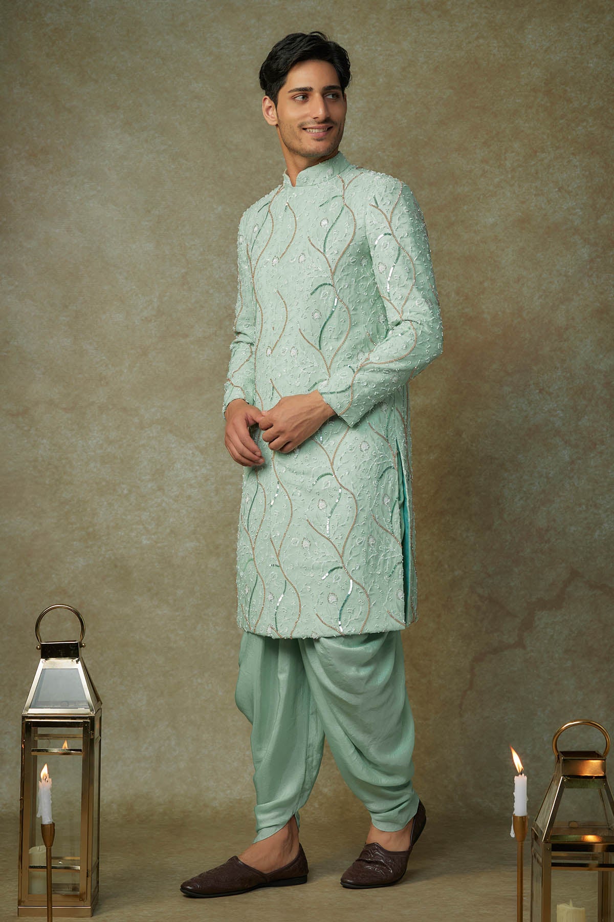Mint Embroidered Sherwani Set