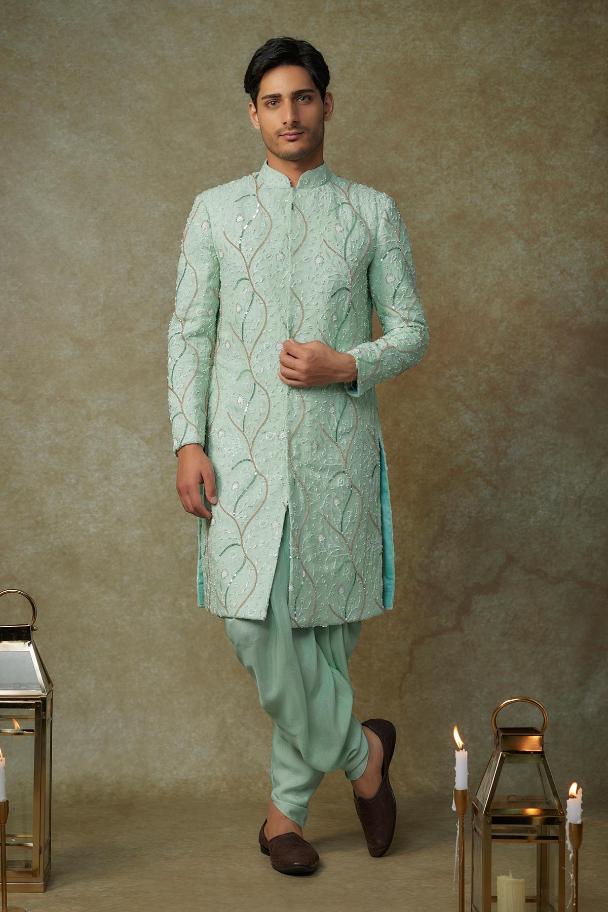 Buy Mint Embroidered Sherwani Set by Masumi Mewawalla for men online at ScrollnShops