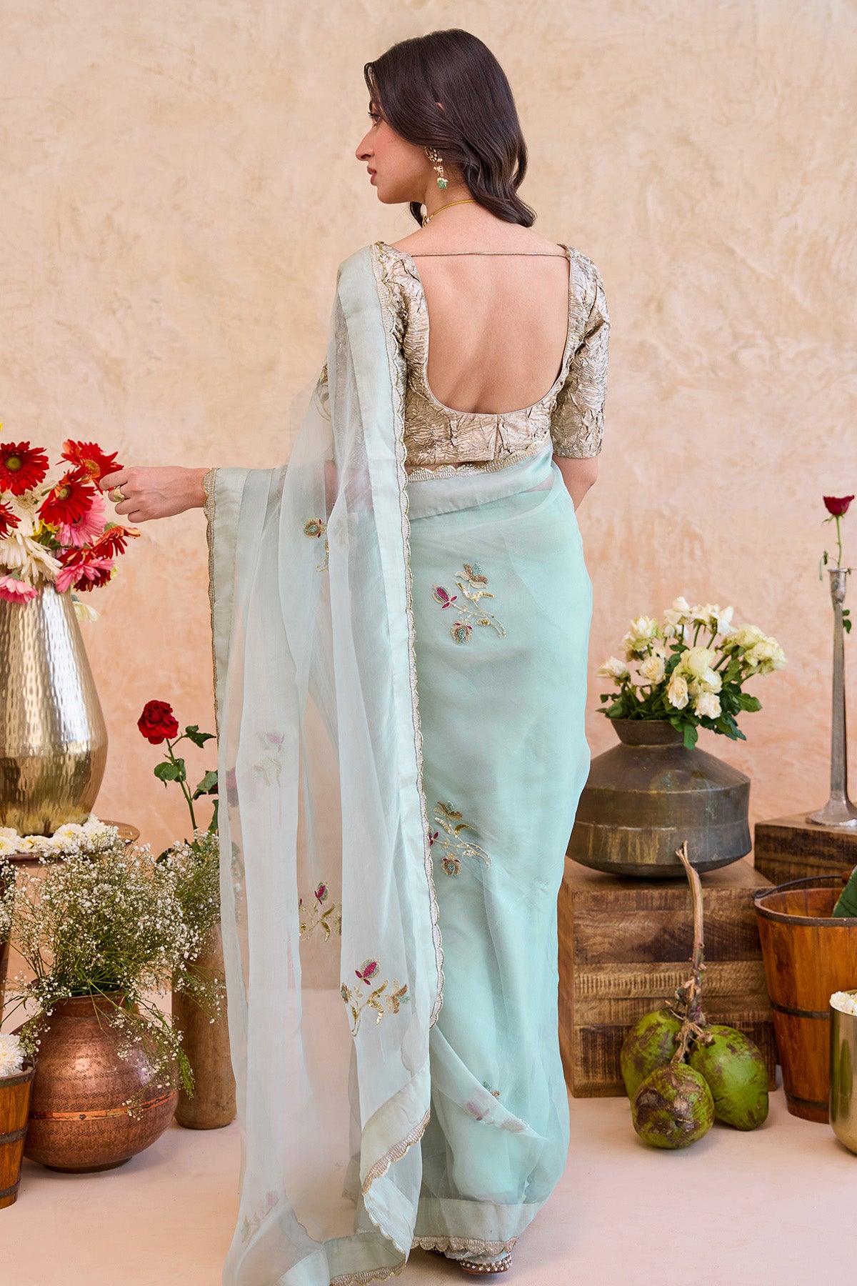 Mint Embroidery Motif Saree Set