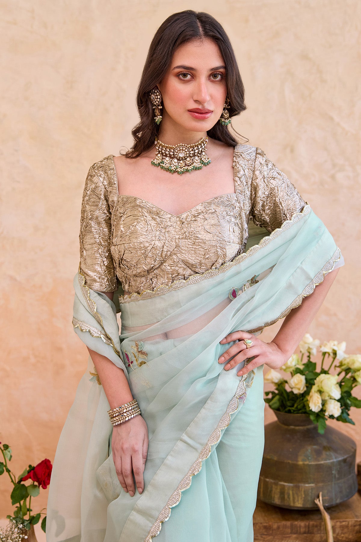 Mint Embroidery Motif Saree Set