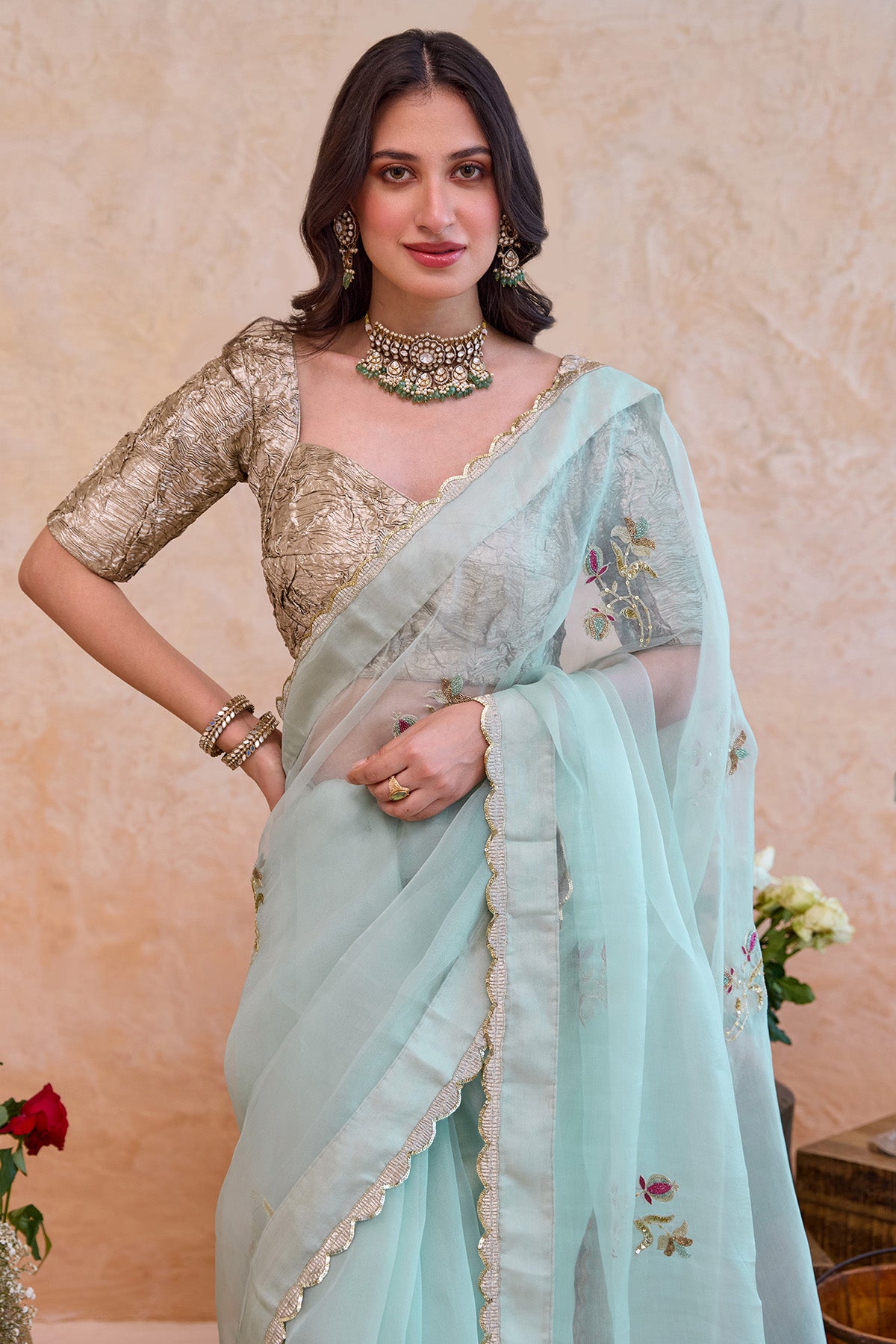 Mint Embroidery Motif Saree Set