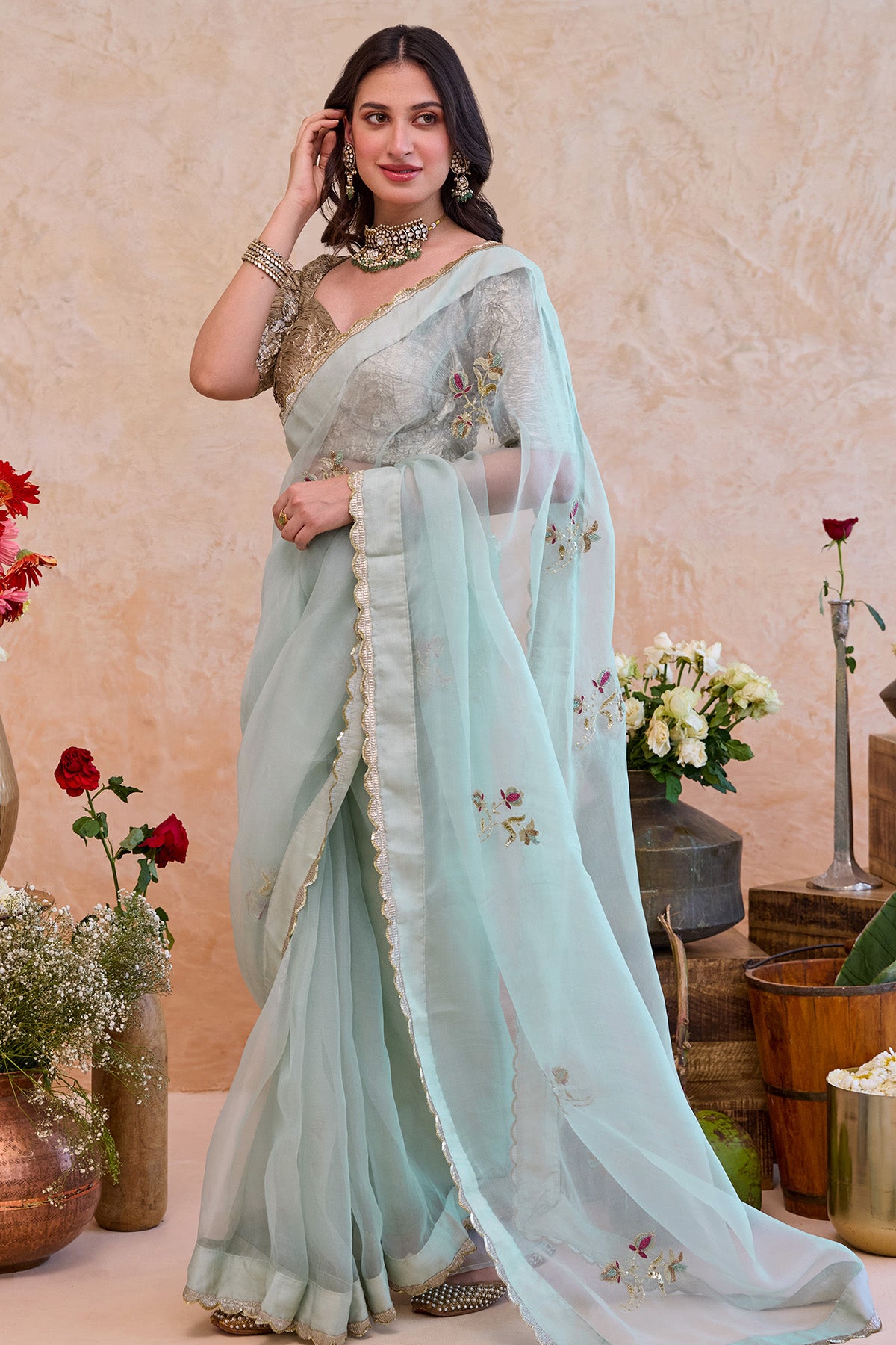 Mint Embroidery Motif Saree Set