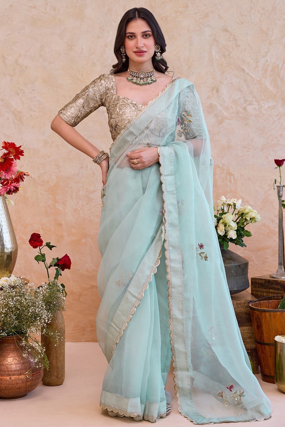 Buy Mint Embroidery Motif Saree Set for women by Taro India online available at scrollnshops