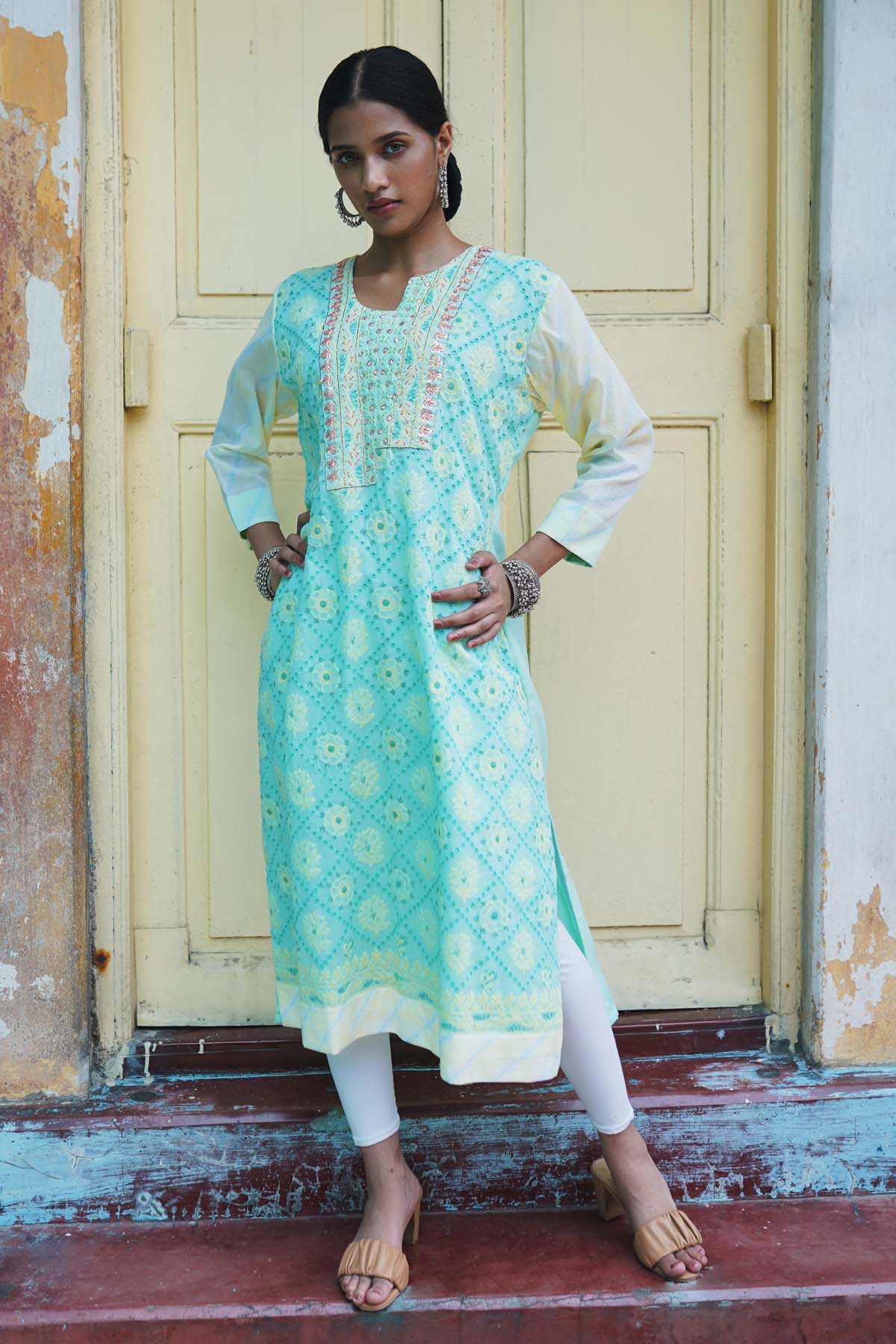 Buy Anamika Khandelwal Mint Floral Gota Embroidered Kurti