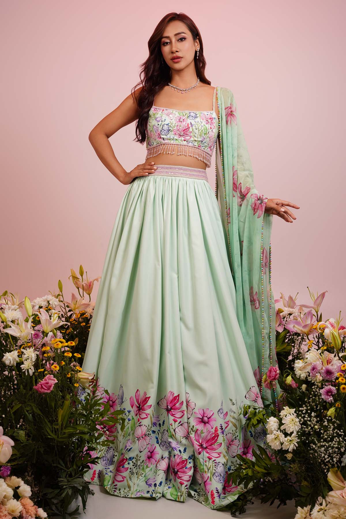 Priyanka Kar Mint Floral Print Lehenga Set for women online at ScrollnShops