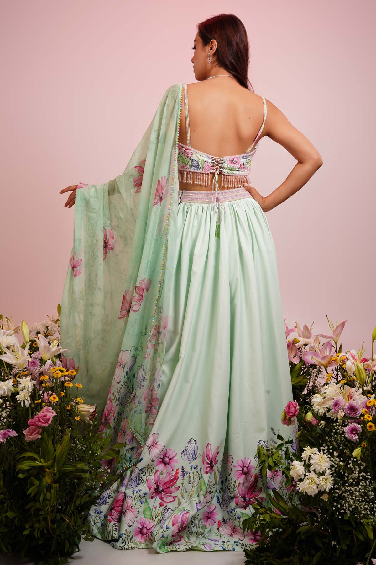 Mint Floral Print Lehenga Set
