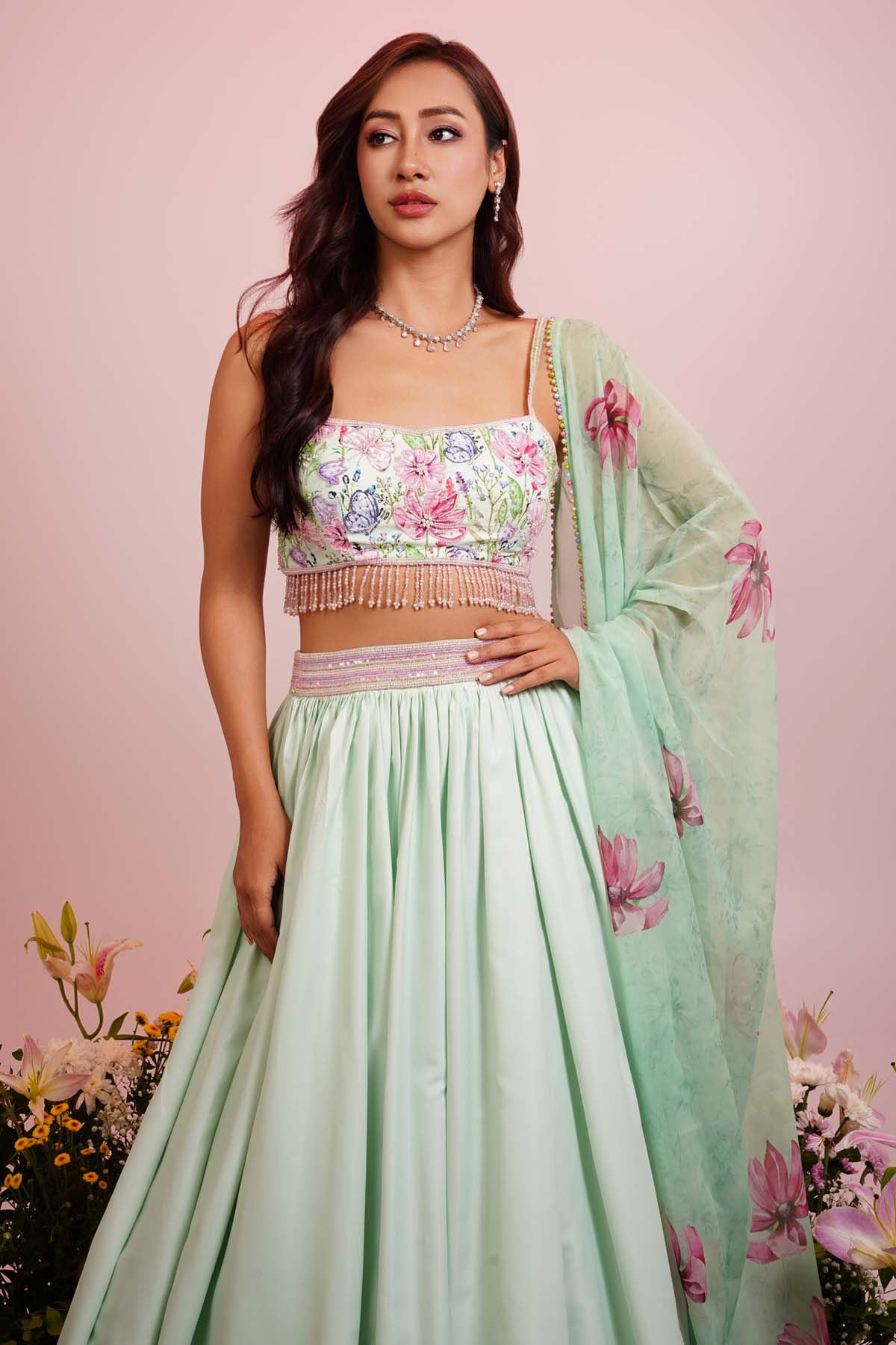 Mint Floral Print Lehenga Set
