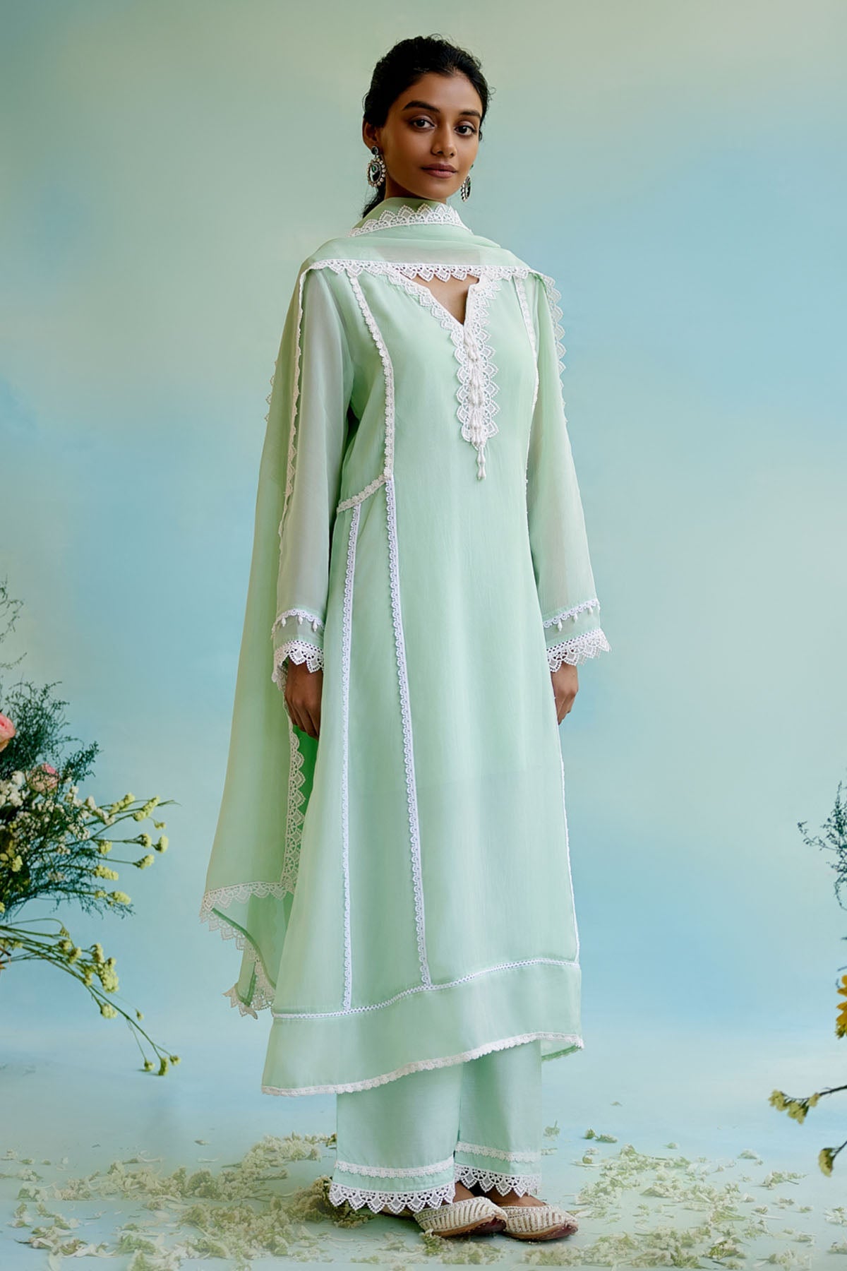 Nero Mint Frost Organza Lace Kurta for women at ScrollnShops