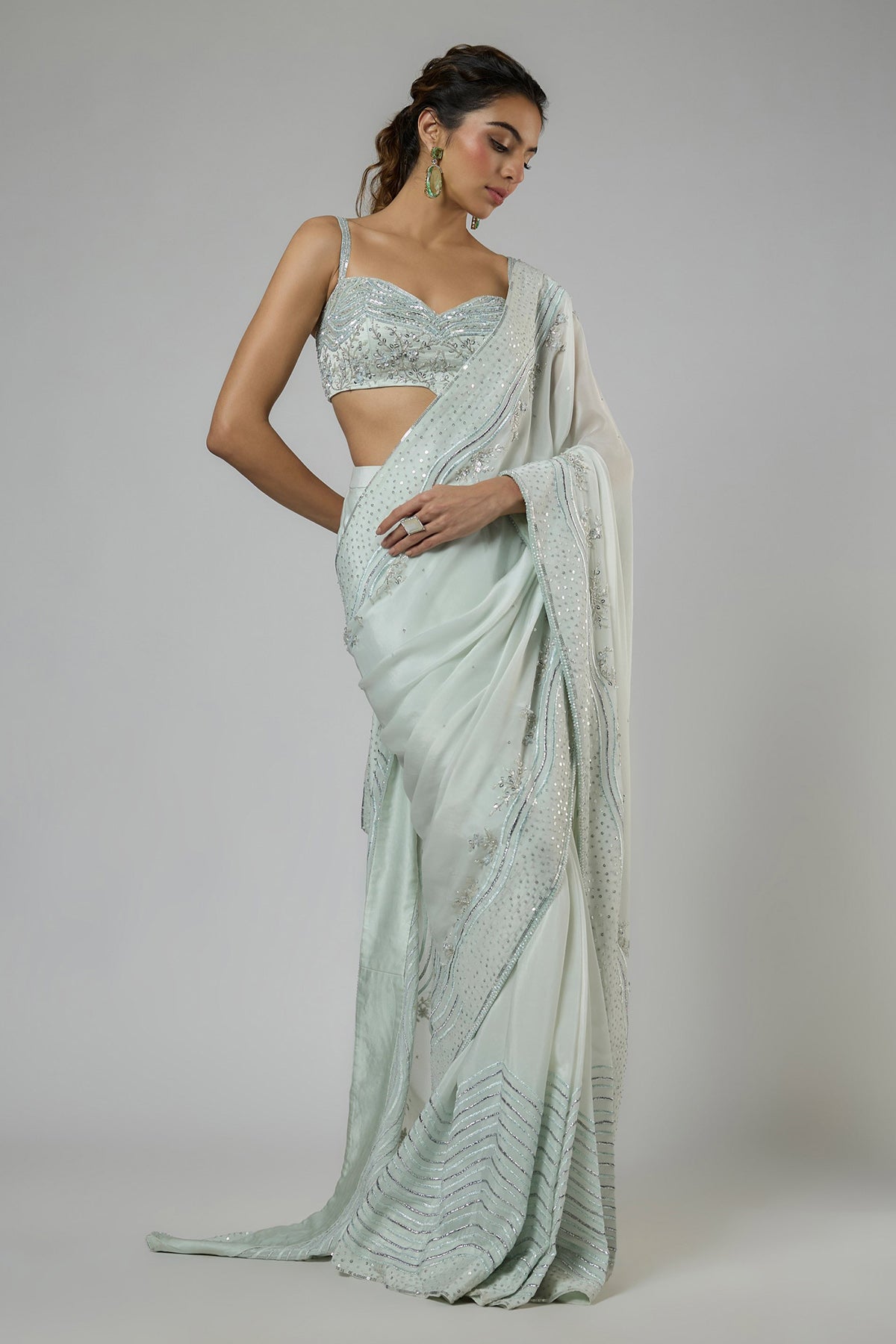 Buy Mint Fuji Crepe Drape Saree Set for women by Masumi Mewawalla online available at scrollnshops
