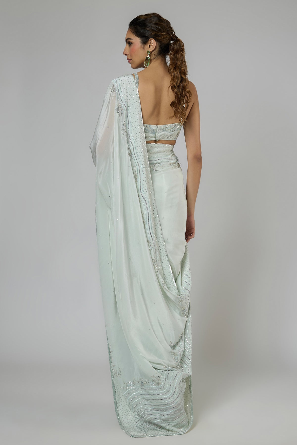 Mint Fuji Crepe Drape Saree Set