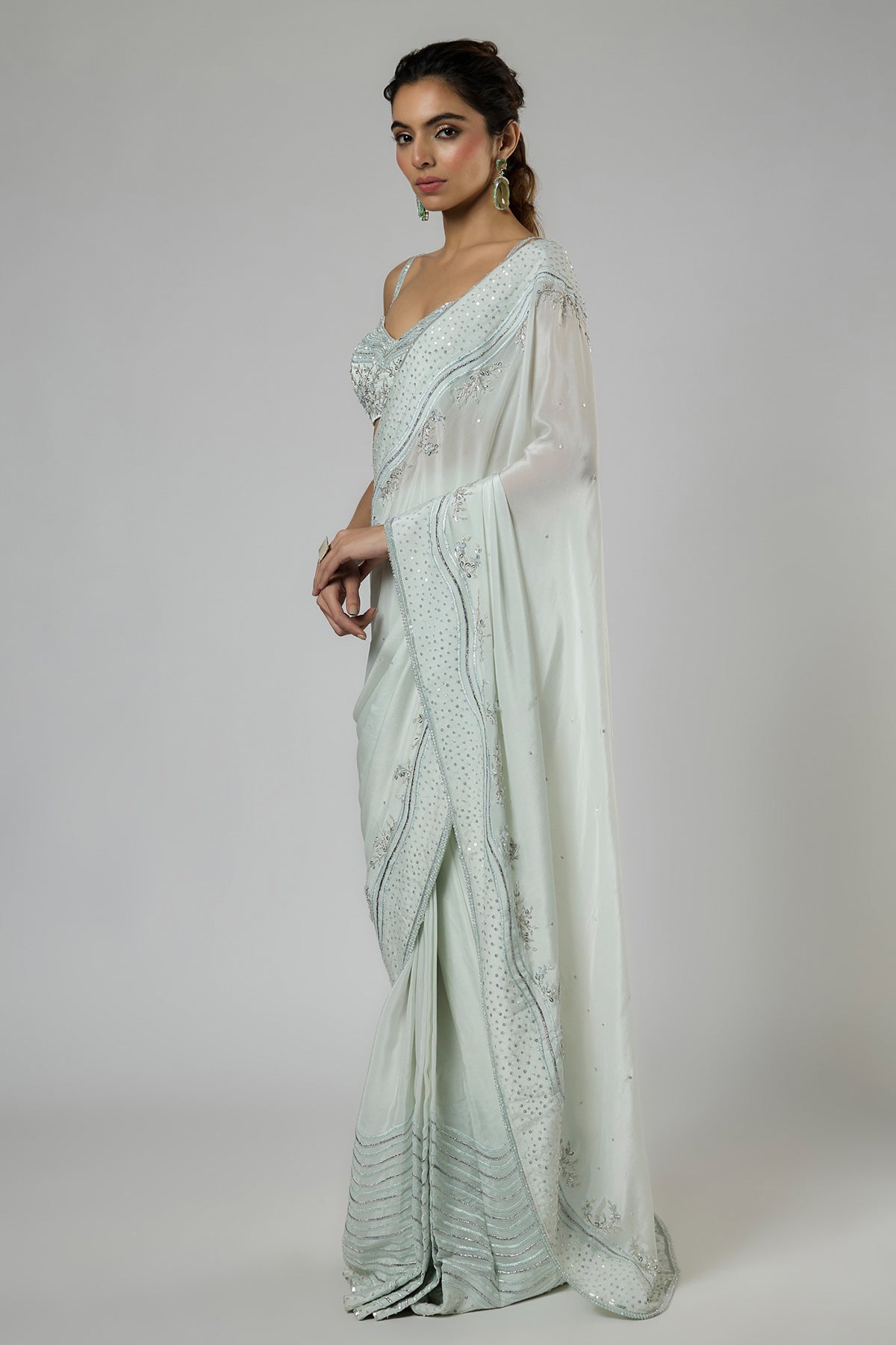 Mint Fuji Crepe Drape Saree Set