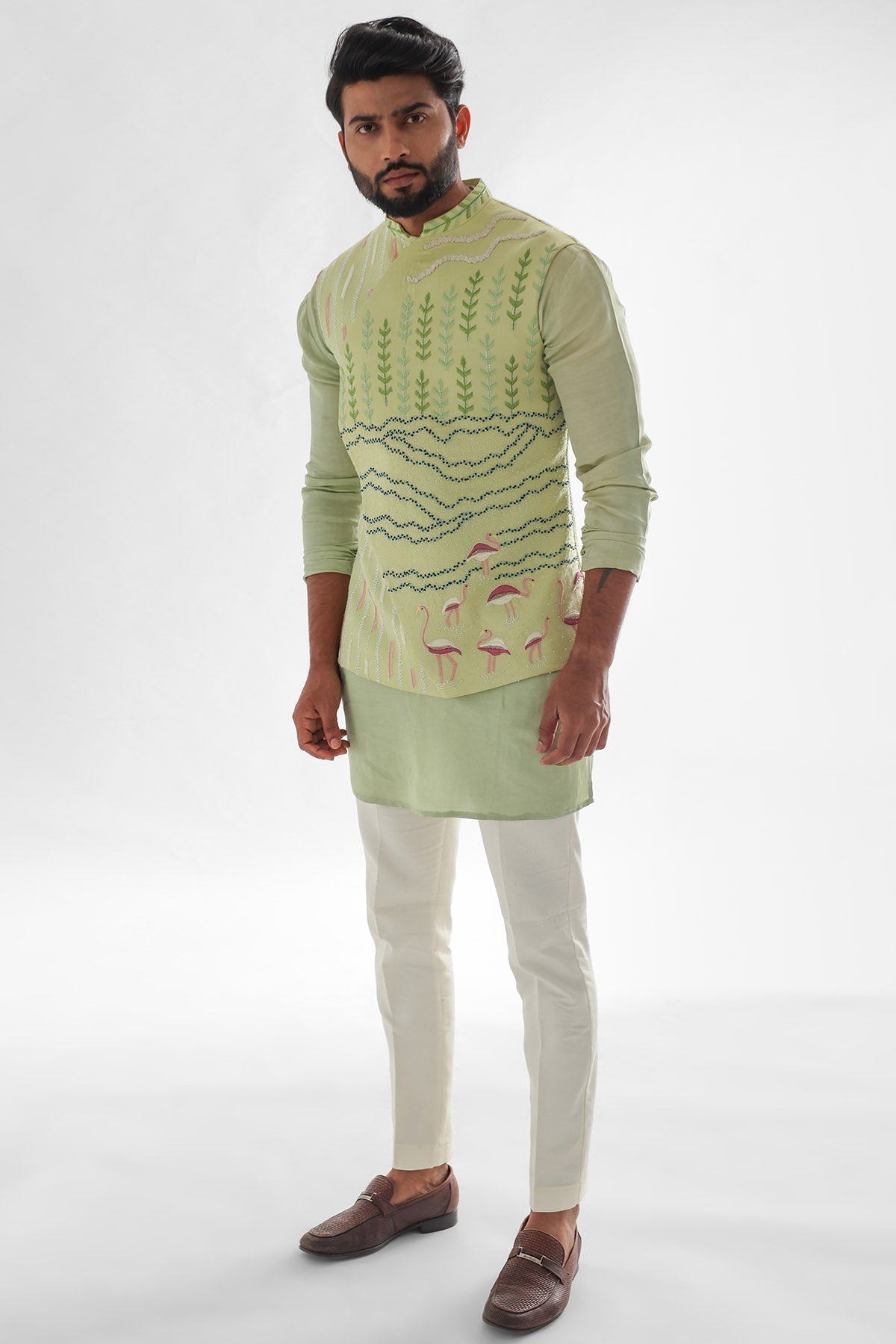 Buy Mint Green Asymmetric Kurta Set for men by Paarsh Atelier online available at scrollnshops