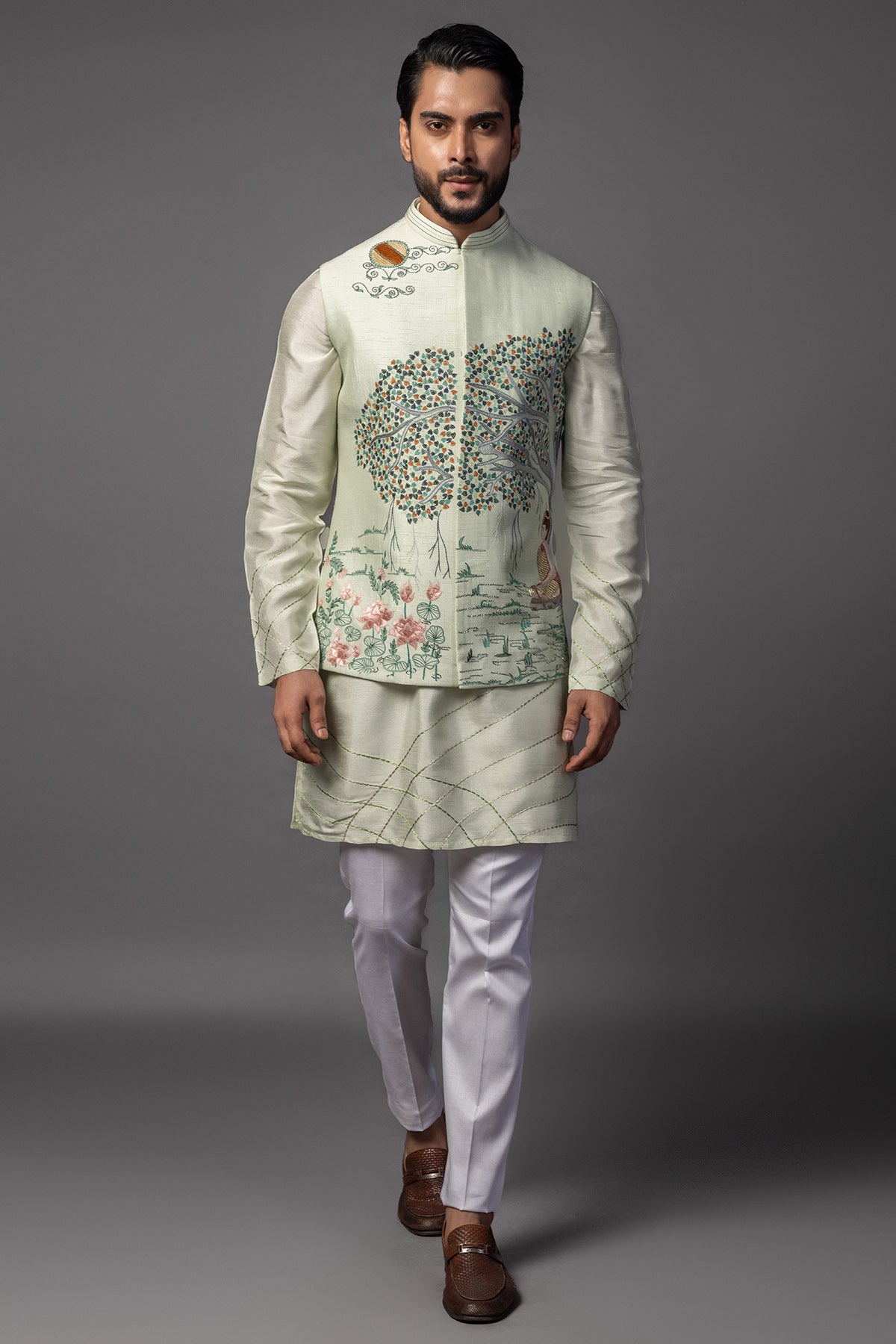 Buy Mint Green Bam Silk Kurta Set for men by Paarsh Atelier online available at scrollnshops