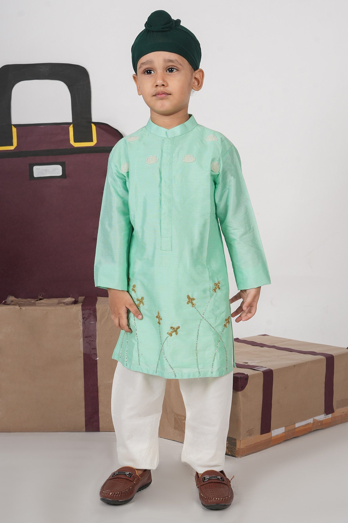 Buy Mint Green Beads Kurta & Pants for boy by Little Brats online available at scrollnshops