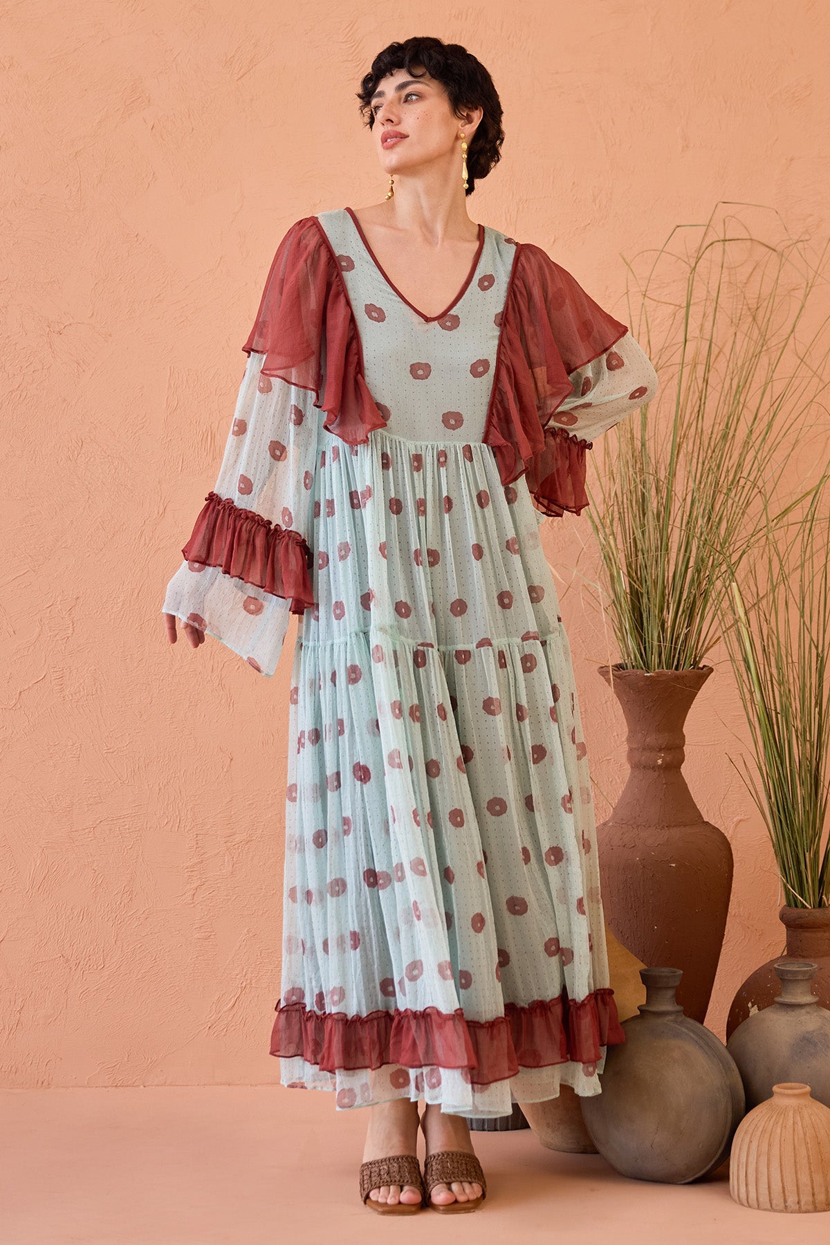 Buy Mint Green Chiffon Ruffle Dress by Taro India for women online at ScrollnShops