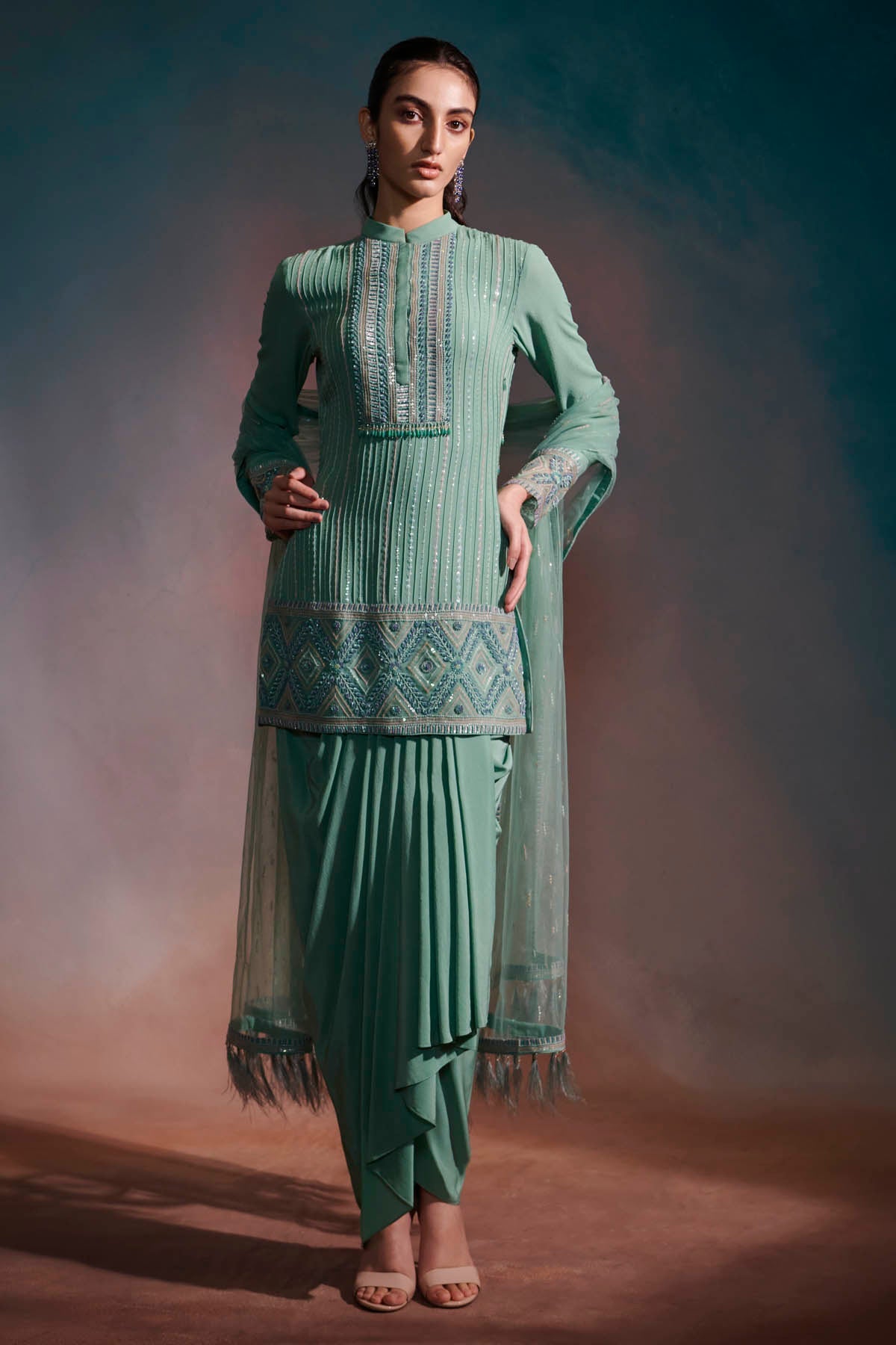 Anjali Kanwar Mint Green Draped Skirt Set for women online at ScrollnShops