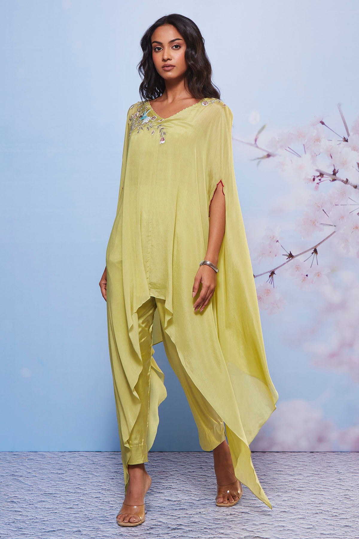 Mint Green Embroidered Cape Set