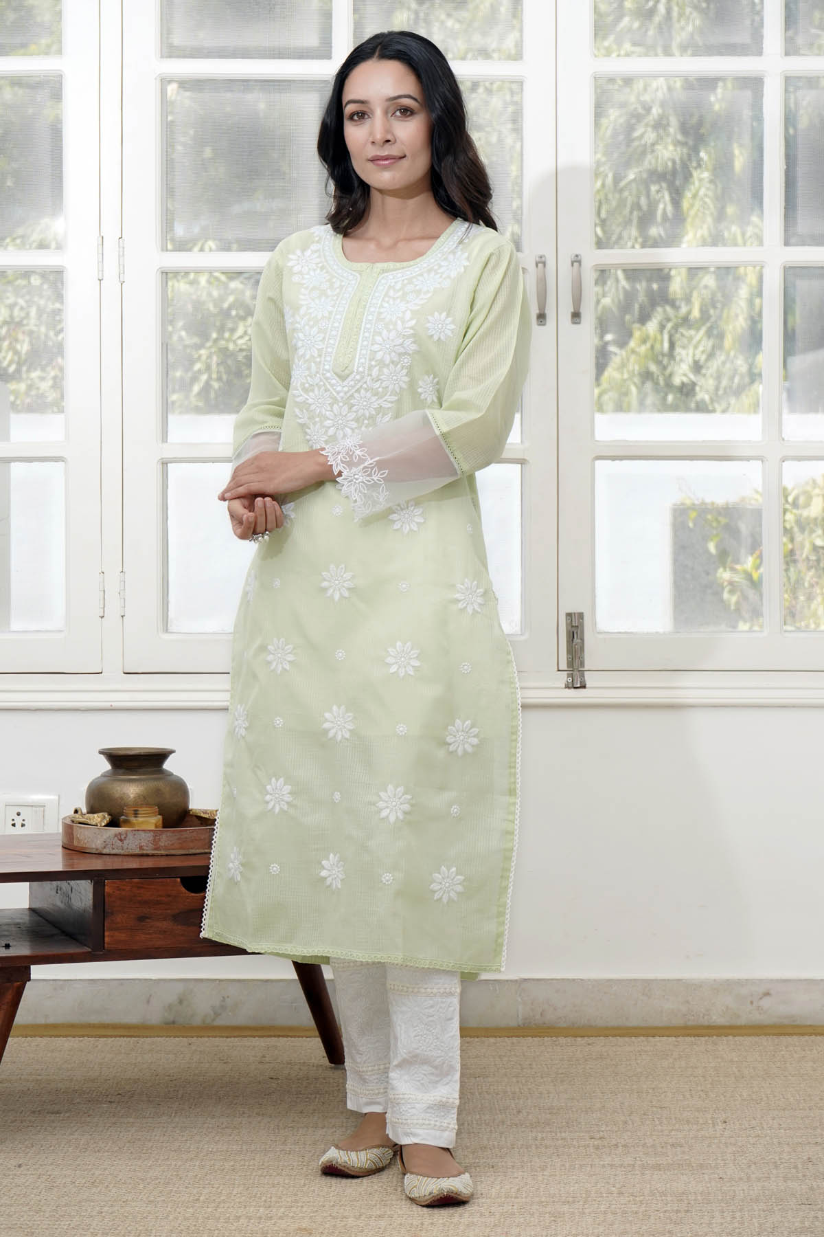 Nero Mint Green Embroidered Kurta for women online at ScrollnShops