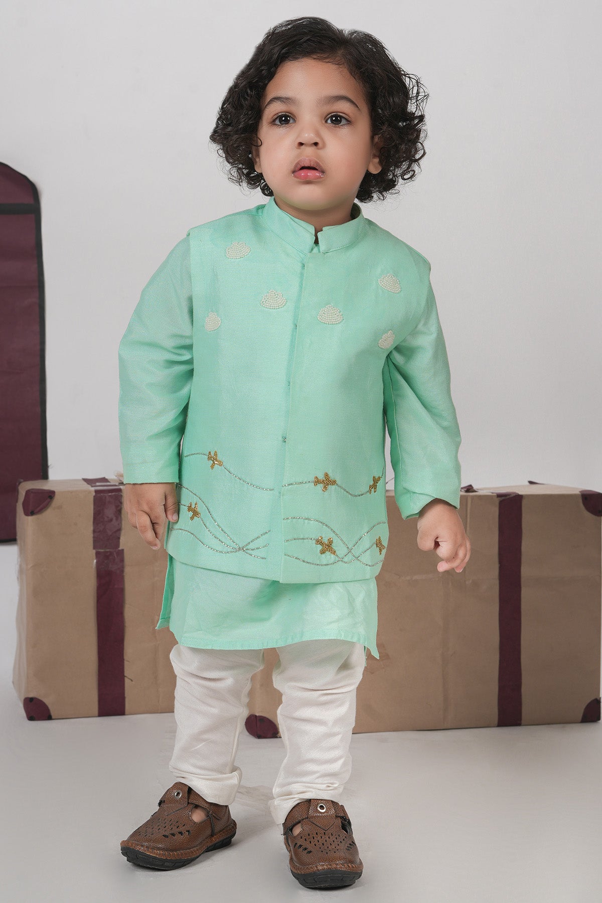 Buy Mint Green Embroidery Bundi Set for boy by Little Brats online available at scrollnshops
