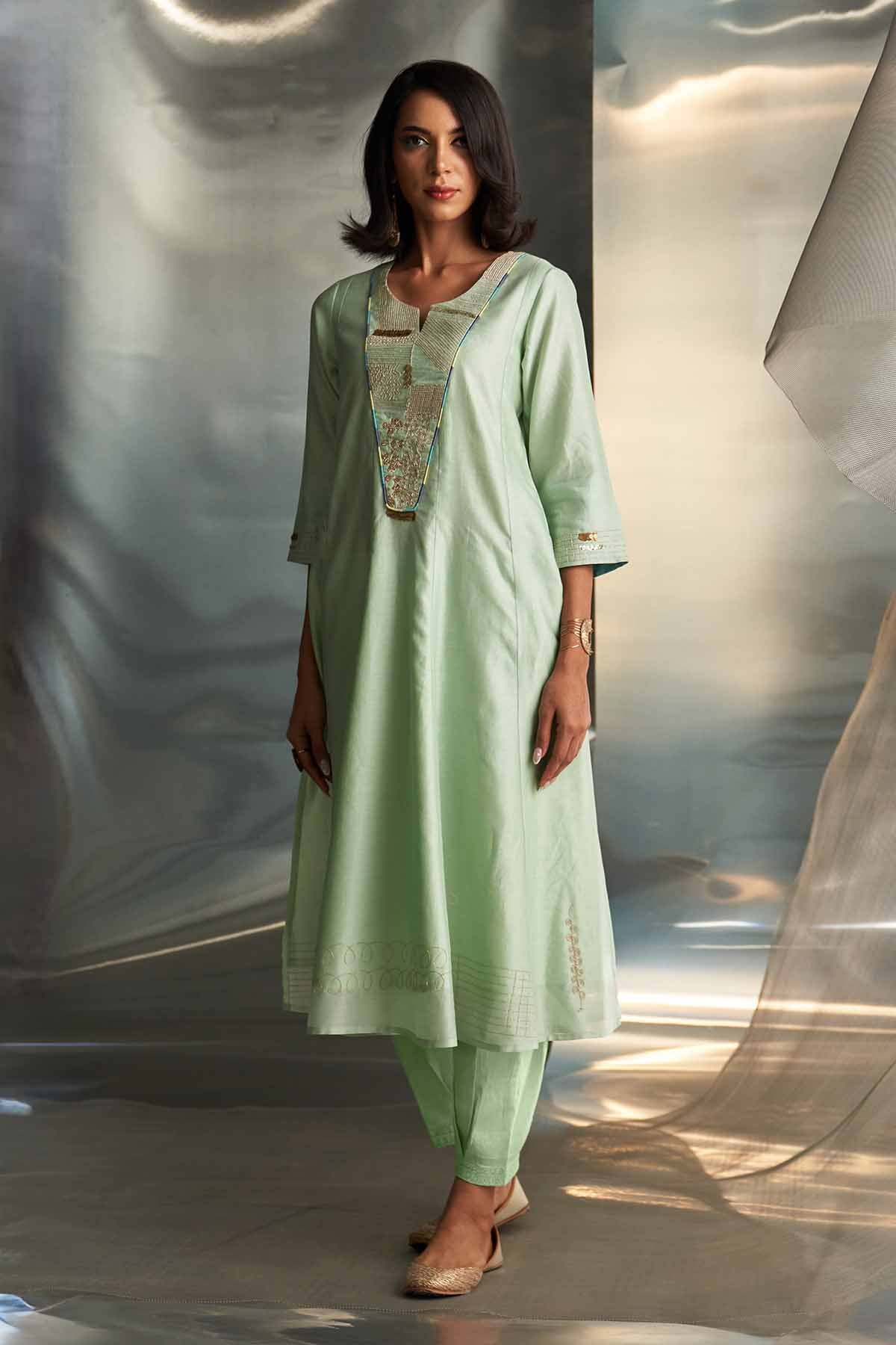 Mint Green Flared Long Kurta Set