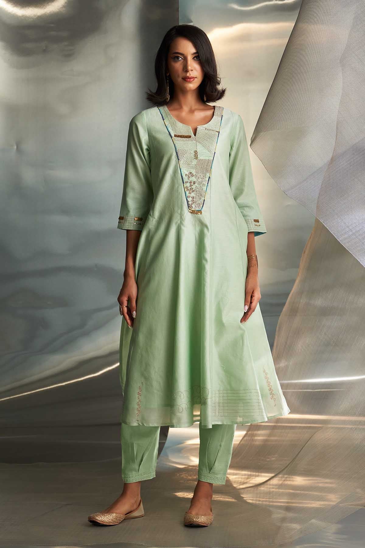 Mint Green Flared Long Kurta Set