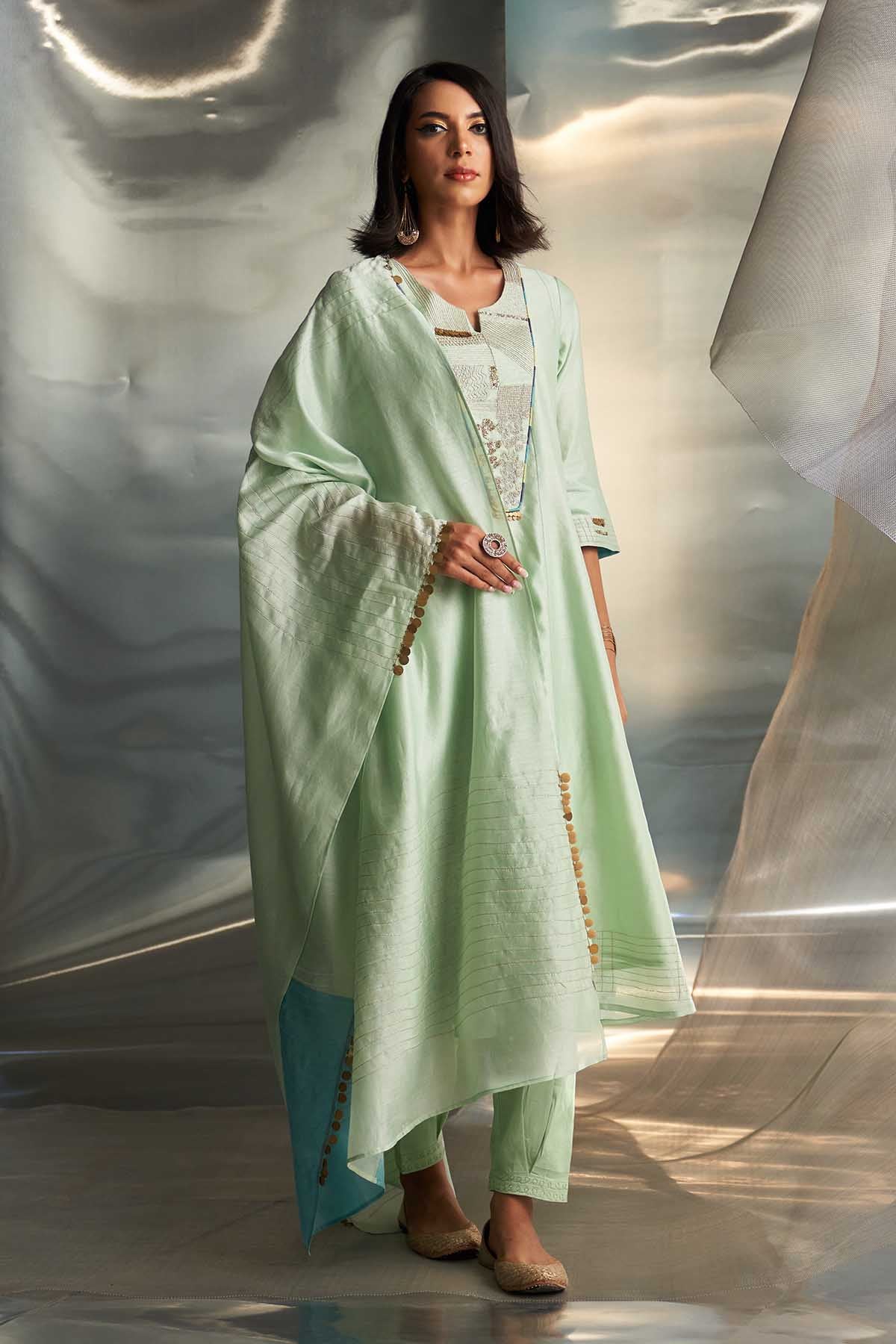 Buy Mint Green Flared Long Kurta Set by Charkhee Misr for women online at ScrollnShops