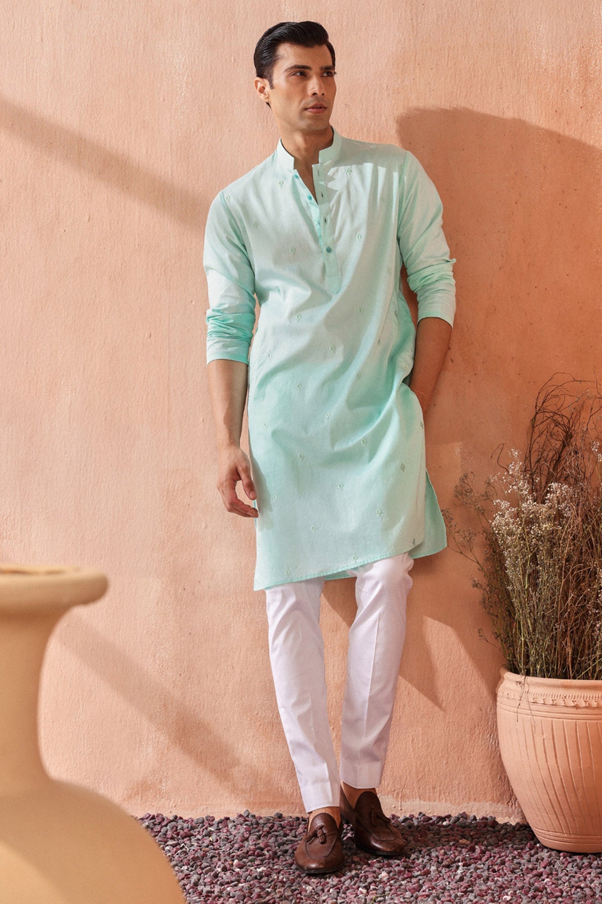 Buy Mint Green Giza Cotton Kurta Set by Seema Nanda for men online at ScrollnShops