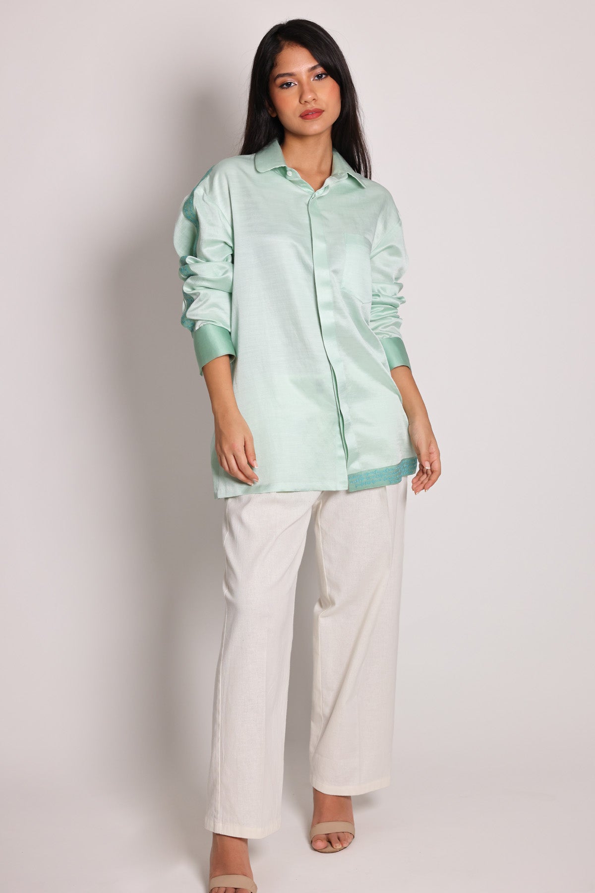 Arya Giri Mint Green Linen Satin Shirt for women online at ScrollnShops