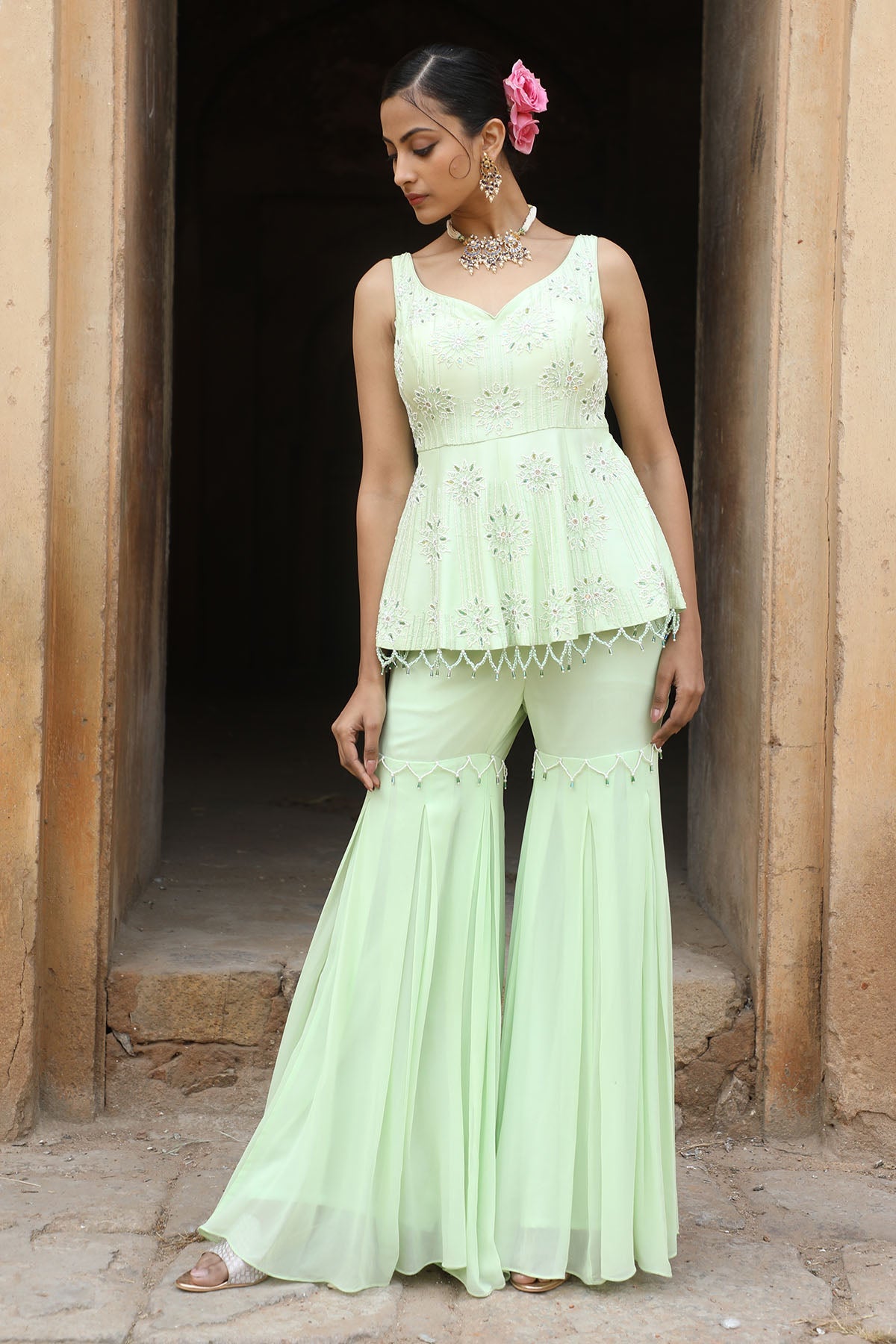 Buy Mint Green Peplum Top & Gharara by Nitisha Kashyap for women online at ScrollnShops