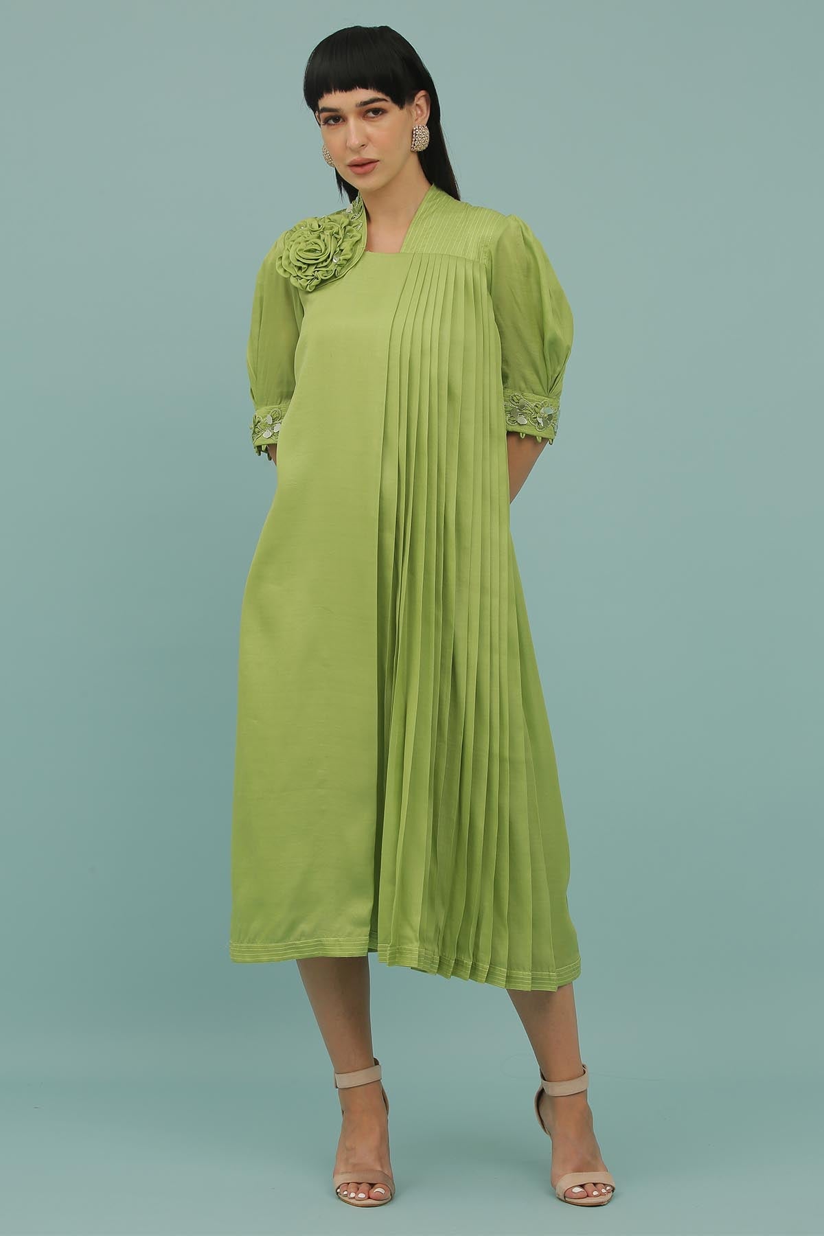 Buy Mint Green Pleated A-Line Dress by Sejal Kamdar for women online at ScrollnShops