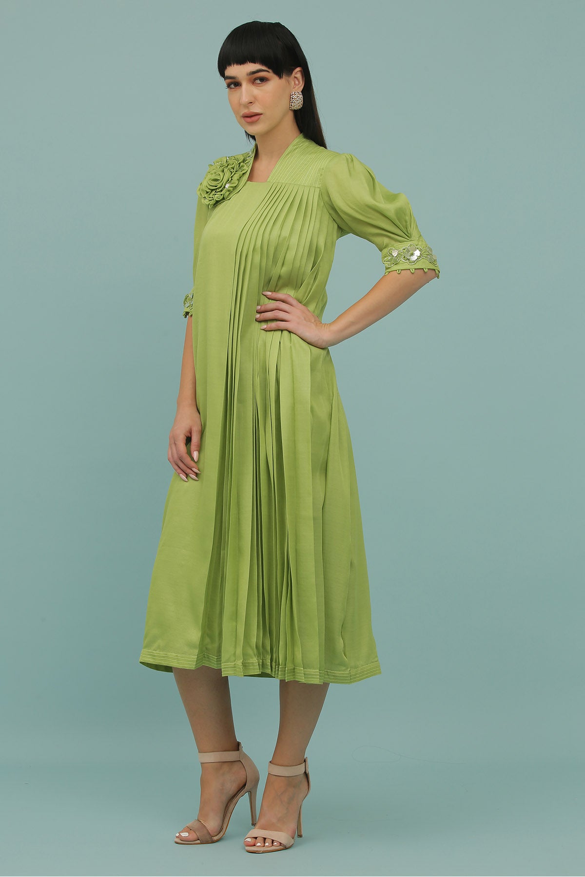 Mint Green Pleated A-Line Dress