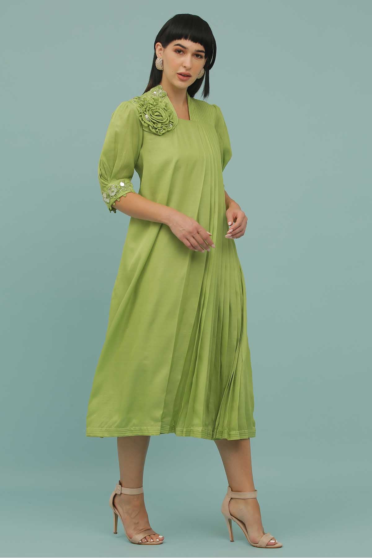 Mint Green Pleated A-Line Dress
