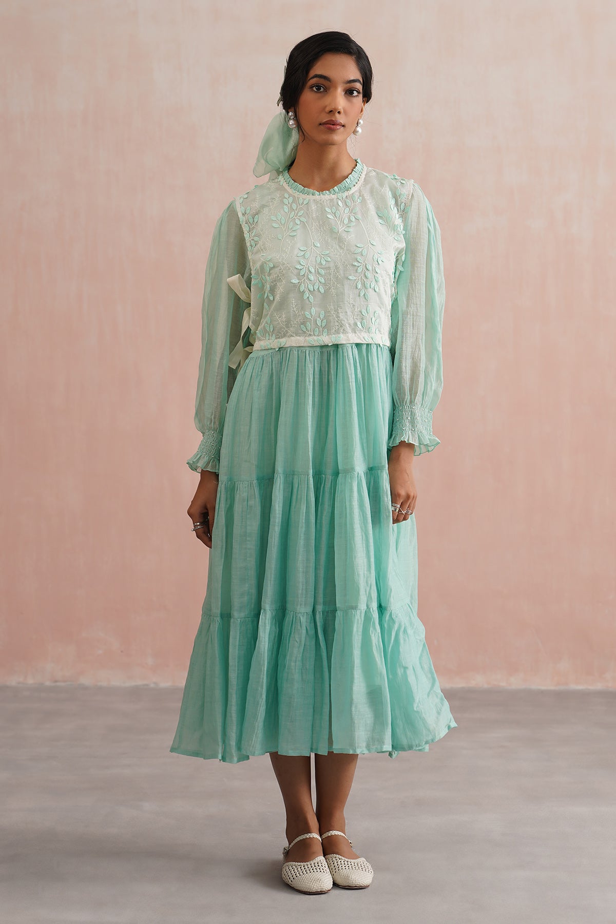 Buy Mint Green Tiered Dress & Gilet for women online available at Scrollnshops 