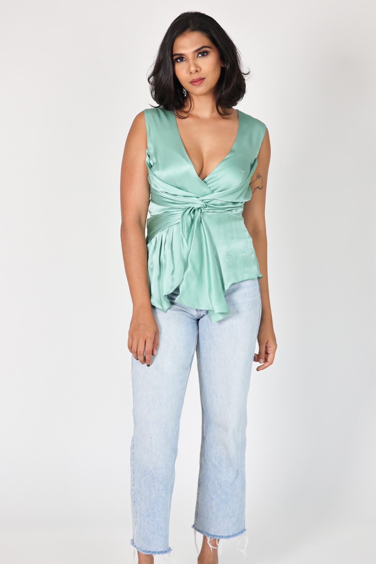 Arya Giri Mint Green Wrap Sleeveless Top for women online at ScrollnShops